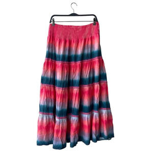 John Mark Prairie Skirt Tie-dyed Pull-On Shirred Waist Weave Trim Tiered L